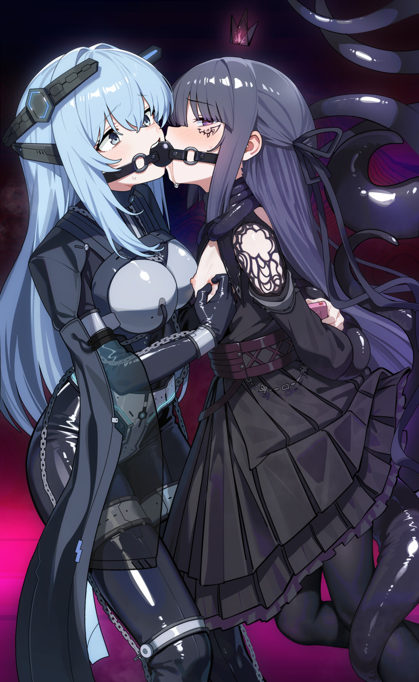 2girls absurdres arms_behind_back ball_gag black_dress blue_eyes blue_hair bodysuit bound bound_arms breasts chastity_belt chastity_bra commentary_request controller dress drooling elfreda_cyania female_focus frilled_dress frills gag gagged highres holding holding_remote_control implied_vibrator latex latex_bodysuit linked_gag long_hair looking_at_another looking_at_viewer mecha_musume medium_breasts multiple_girls nipple_rub nipple_stimulation nipple_tweak nipples original pleated_dress purple_eyes purple_hair remote_control remote_control_vibrator restrained rnvhr7 saliva sex_toy shared_gag skin_tight small_breasts tentacles variant_set very_long_hair vibrator