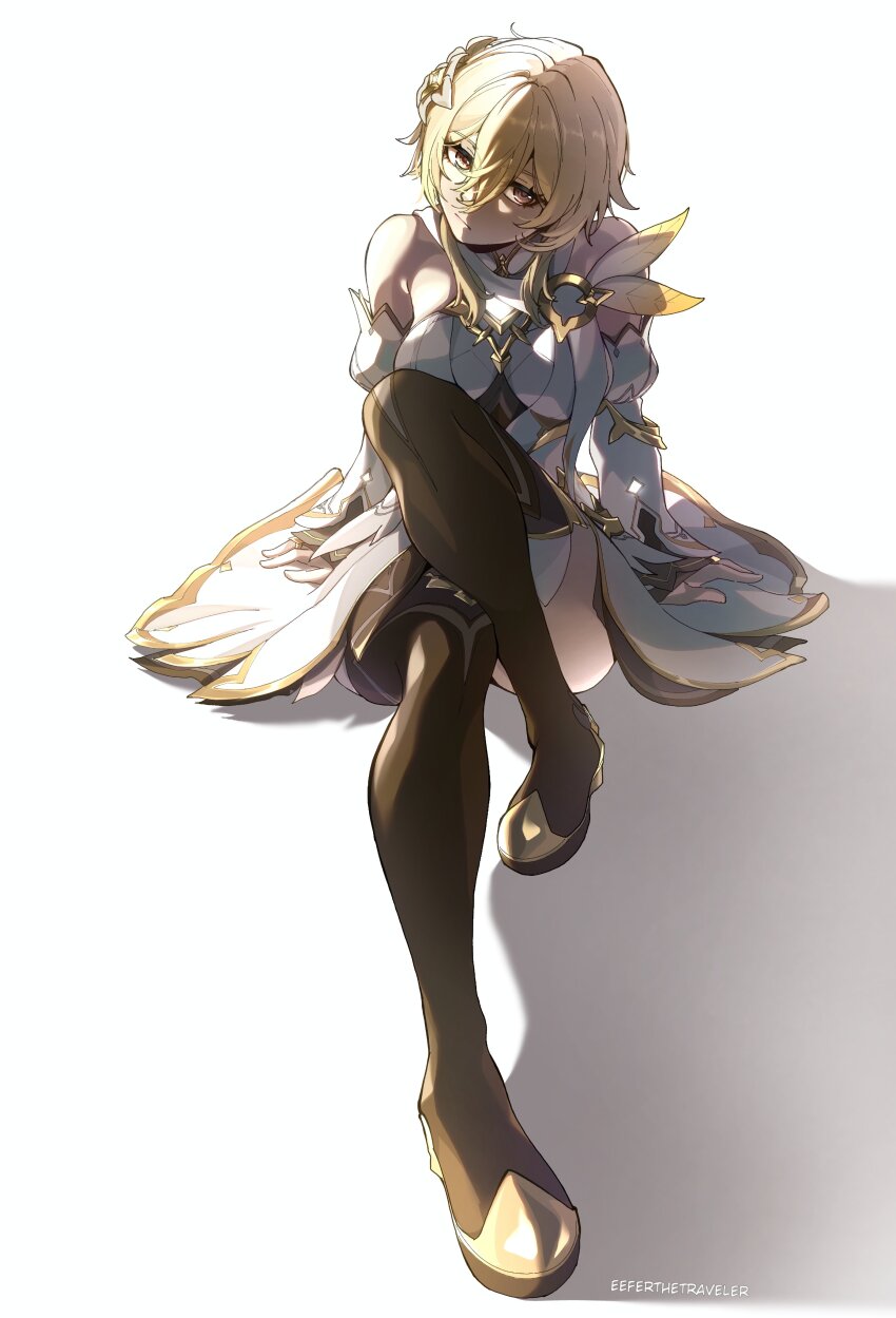 1girl absurdres artist_name bare_shoulders blonde_hair boots breasts brown_boots commentary detached_sleeves dress english_commentary expressionless flower full_body genshin_impact hair_between_eyes hair_flower hair_ornament highres knee_up large_breasts looking_at_viewer lumine_(as_heaven_and_earth_are_made_anew)_(genshin_impact) lumine_(genshin_impact) official_alternate_costume shadow shigokin_(baller4jesus27) short_hair_with_long_locks simple_background sitting solo thigh_boots white_background white_dress yellow_eyes