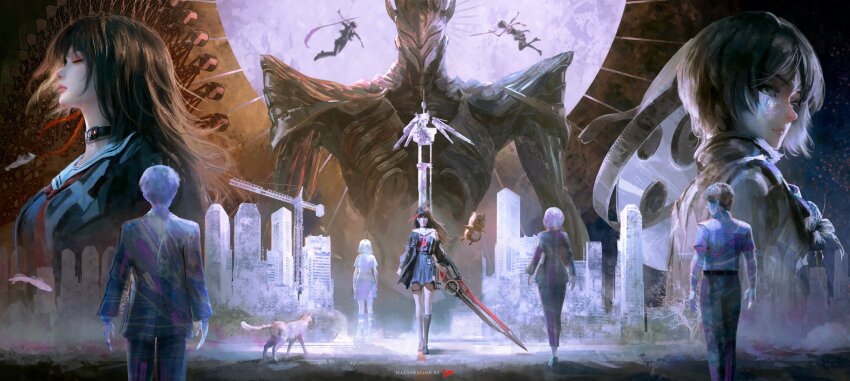 1boy 3girls absurdres black_choker black_hair black_jacket black_serafuku black_shirt black_skirt breasts chisa_(wuthering_waves) choker commentary dual_persona english_commentary false_sovereign_(wuthering_waves) female_rover_(wuthering_waves) hair_ribbon highres holding holding_sword holding_weapon jacket jvn long_hair long_sleeves male_rover_(wuthering_waves) medium_breasts multiple_girls namipon_(wuthering_waves) neckerchief people red_neckerchief red_ribbon ribbon rover_(wuthering_waves) sailor_collar school_uniform serafuku shirt skirt sumika_(wuthering_waves) sword tacet_discord_(wuthering_waves) weapon white_sailor_collar wide_shot wuthering_waves