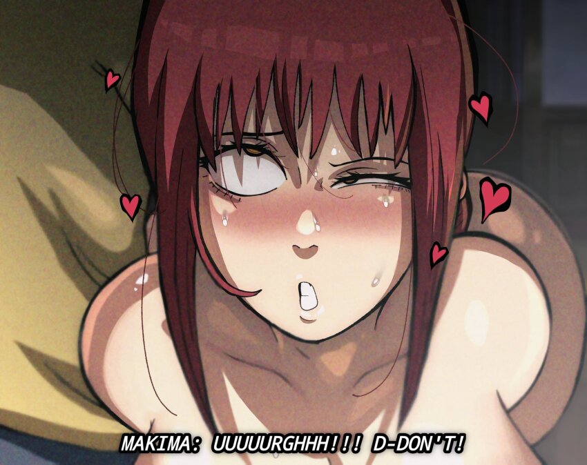 1girl blush chainsaw_man clenched_teeth heart makima_(chainsaw_man) nude red_hair sweat teeth theoddyss uneven_eyes