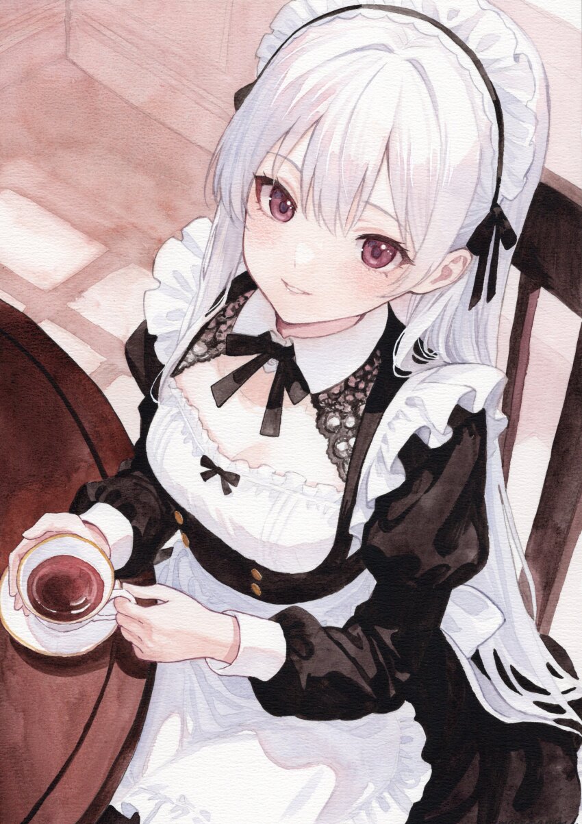 1girl absurdres apron breasts chair cleavage_cutout clothing_cutout commentary_request cup dress frilled_apron frilled_dress frills highres holding holding_cup long_hair looking_at_viewer maid maid_apron maid_headdress mannmaruu medium_breasts on_chair original painting_(medium) parted_lips purple_eyes sitting smile solo table teacup traditional_media watercolor_(medium) white_hair wooden_chair wooden_table