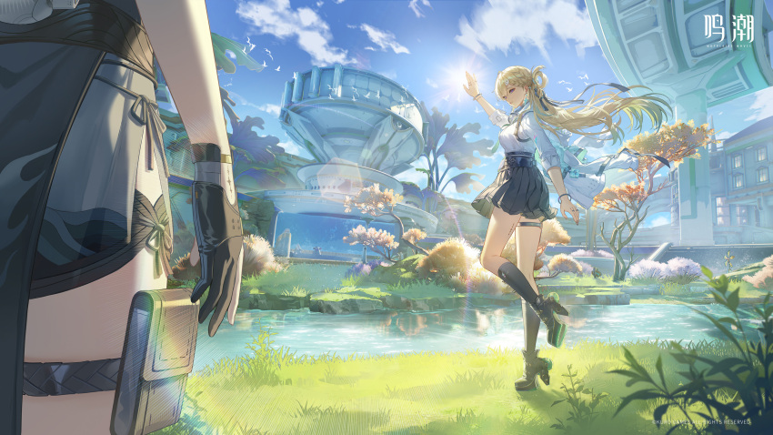 2girls 3d absurdres black_skirt blonde_hair braid breasts chinese_commentary commentary_request earrings female_rover_(wuthering_waves) gradient_hair half_up_braid hand_up headphones highres holding jacket jewelry logo long_hair lynae_(wuthering_waves) medium_breasts multicolored_hair multiple_girls official_art rover_(wuthering_waves) shirt skirt star_(symbol) star_earrings very_long_hair weapon white_jacket white_shirt wuthering_waves