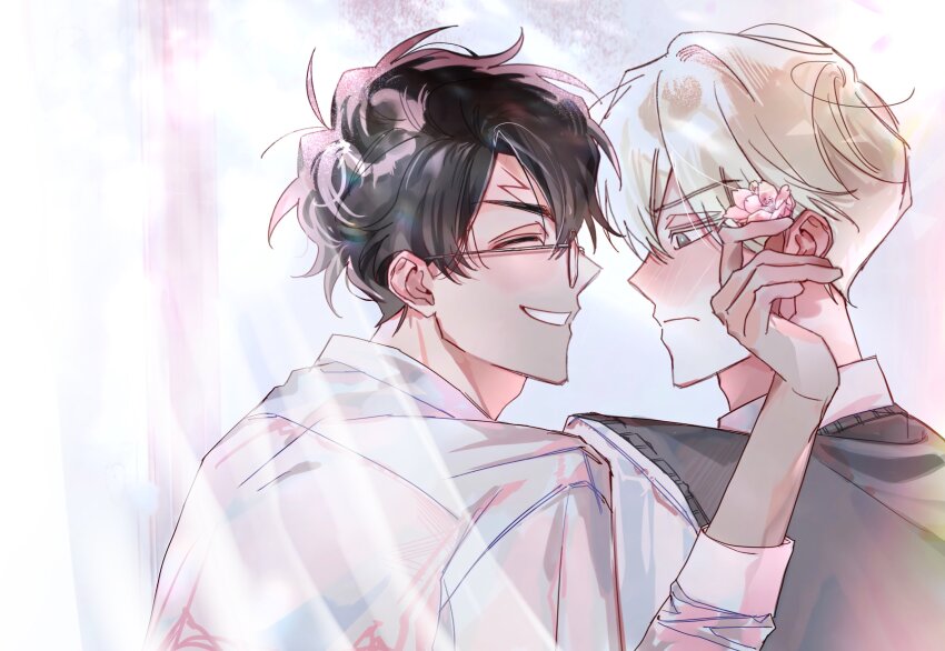 2boys black_hair blonde_hair blush closed_eyes closed_mouth collar draco_malfoy eyebrows_hidden_by_hair face-to-face flower glasses108 grey_eyes hair_flower hair_ornament harry_potter harry_potter_(series) holding holding_flower lightning_bolt_symbol looking_at_another looking_down male_focus multiple_boys parted_lips pink_flower profile scar scar_on_face scar_on_forehead shirt short_hair smile sweater_vest teeth upper_body vest white_shirt wizarding_world yaoi