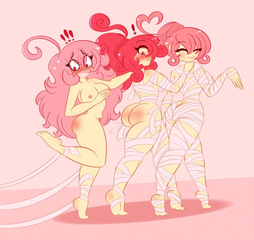 3girls ahoge ass ass_blush back bandages barefoot blush breasts butt_crack closed_eyes completely_nude embarrassed from_behind hair_bun hand_on_another's_shoulder harmony_valentine_(limbros) heart highres limbros long_hair looking_back looking_down melody_valentine_(limbros) mother_and_daughter multiple_girls mummy_costume nipples notice nude nudist open_mouth original pink_background pink_hair ponytail pubic_hair red_eyes red_hair rhapsody_valentine_(limbros) shiny_skin simple_background soles spiral_hair tiptoes