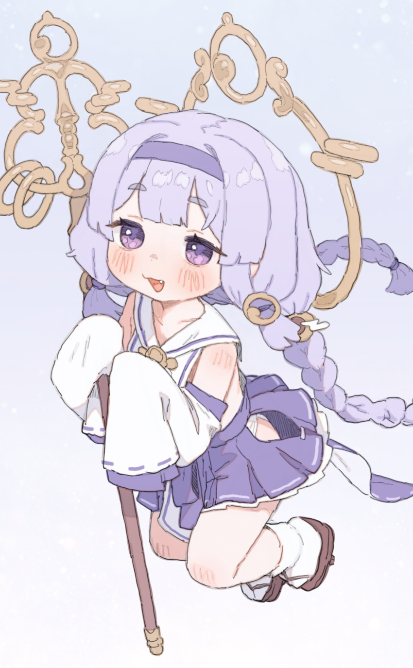 1girl braid clothing_cutout commentary detached_sleeves geta grey_background hairband highres hip_vent holding long_hair long_sleeves looking_at_viewer open_mouth plaid_clothes plaid_skirt possummachine purple_eyes purple_hair purple_hairband purple_skirt sailor_collar skirt sleeves_past_fingers sleeves_past_wrists socks solo trickcal twin_braids white_sailor_collar white_socks yomi_(trickcal)