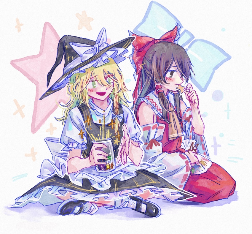 2girls apron artist_request ascot black_hat black_shoes black_vest blonde_hair blush bow braid broom brown_eyes brown_hair chinese_commentary commentary_request cookie detached_sleeves eating food frilled_bow frilled_hair_tubes frills green_eyes hair_bow hair_tubes hakurei_reimu hat hat_bow highres kirisame_marisa long_hair mary_janes multiple_girls open_mouth red_bow red_skirt ribbon-trimmed_sleeves ribbon_trim second-party_source seiza shoes side_braid single_braid sitting skirt skirt_set smile socks star-shaped_cookie star-shaped_food star_(symbol) touhou vest white_bow white_socks witch_hat yellow_ascot