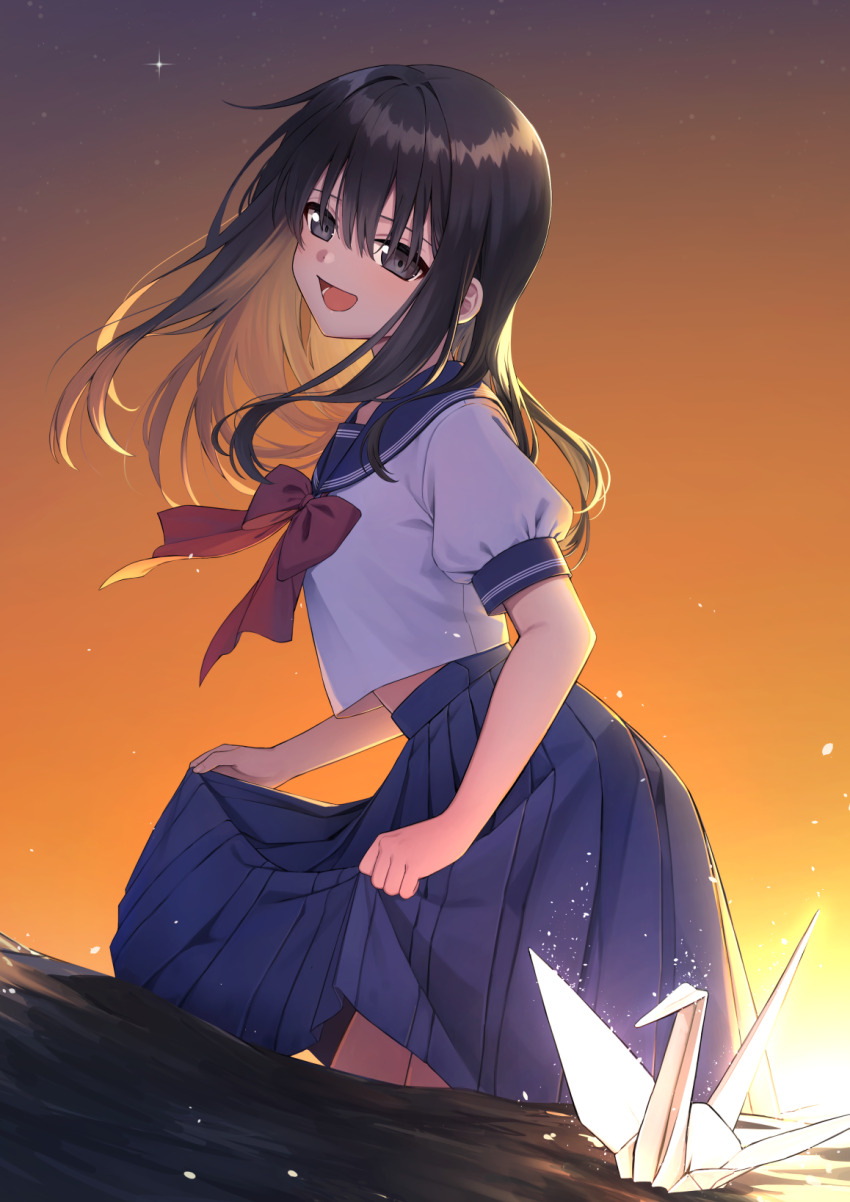 1girl asuka_gin black_hair blue_sailor_collar blue_skirt bow bowtie commentary_request grey_eyes highres long_hair midriff_peek open_mouth orange_sky origami original paper_crane partially_submerged purple_sky red_bow red_bowtie sailor_collar school_uniform serafuku short_sleeves skirt sky smile star_(sky) sunset water white_serafuku