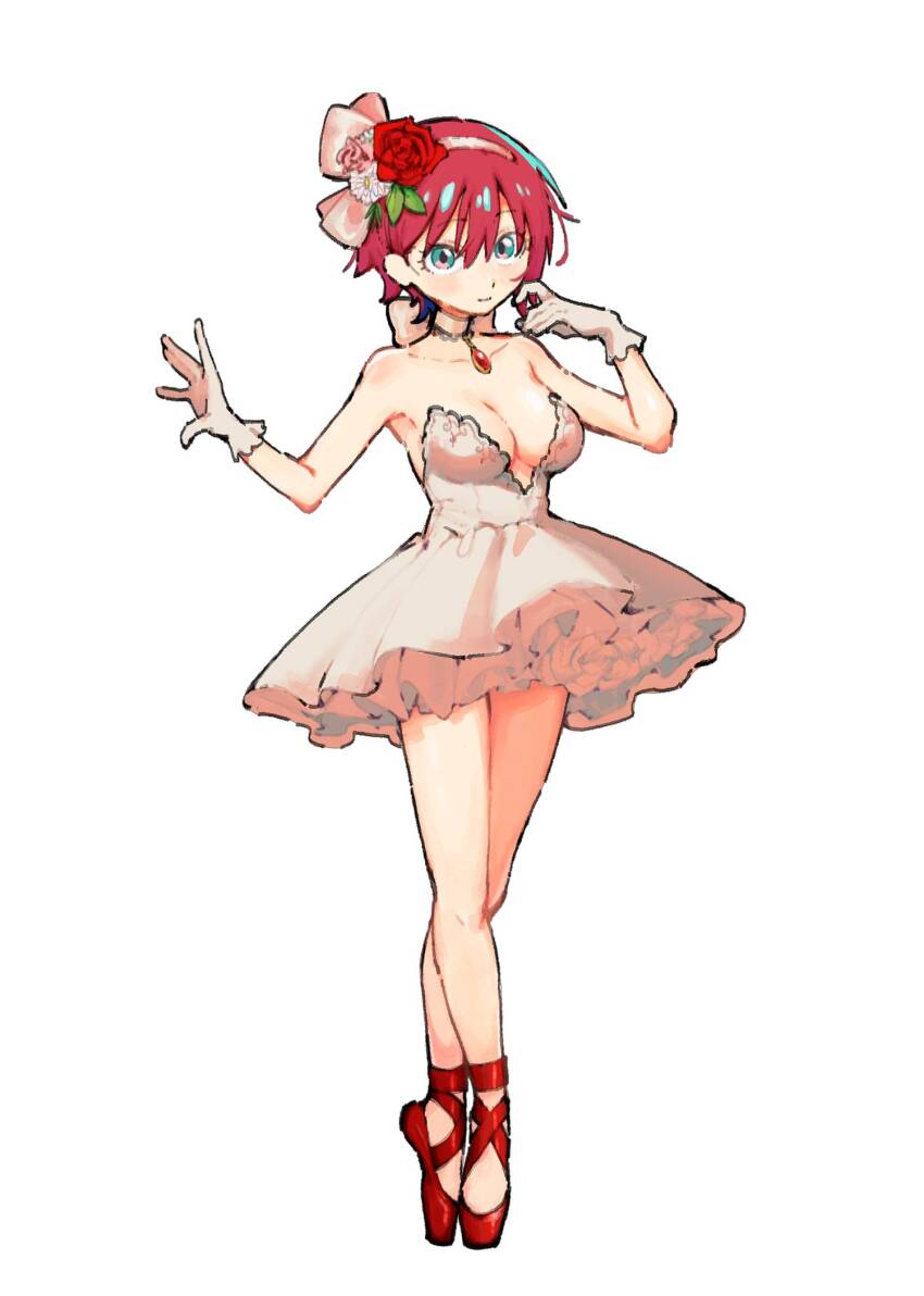 1girl amate_yuzuriha aqua_eyes ballerina ballet ballet_slippers breasts choker cleavage commentary_request en_pointe flower full_body gloves gundam gundam_gquuuuuux hair_flower hair_ornament hairband highres karaage_unai large_breasts looking_at_viewer red_hair short_hair simple_background smile solo standing tutu white_background