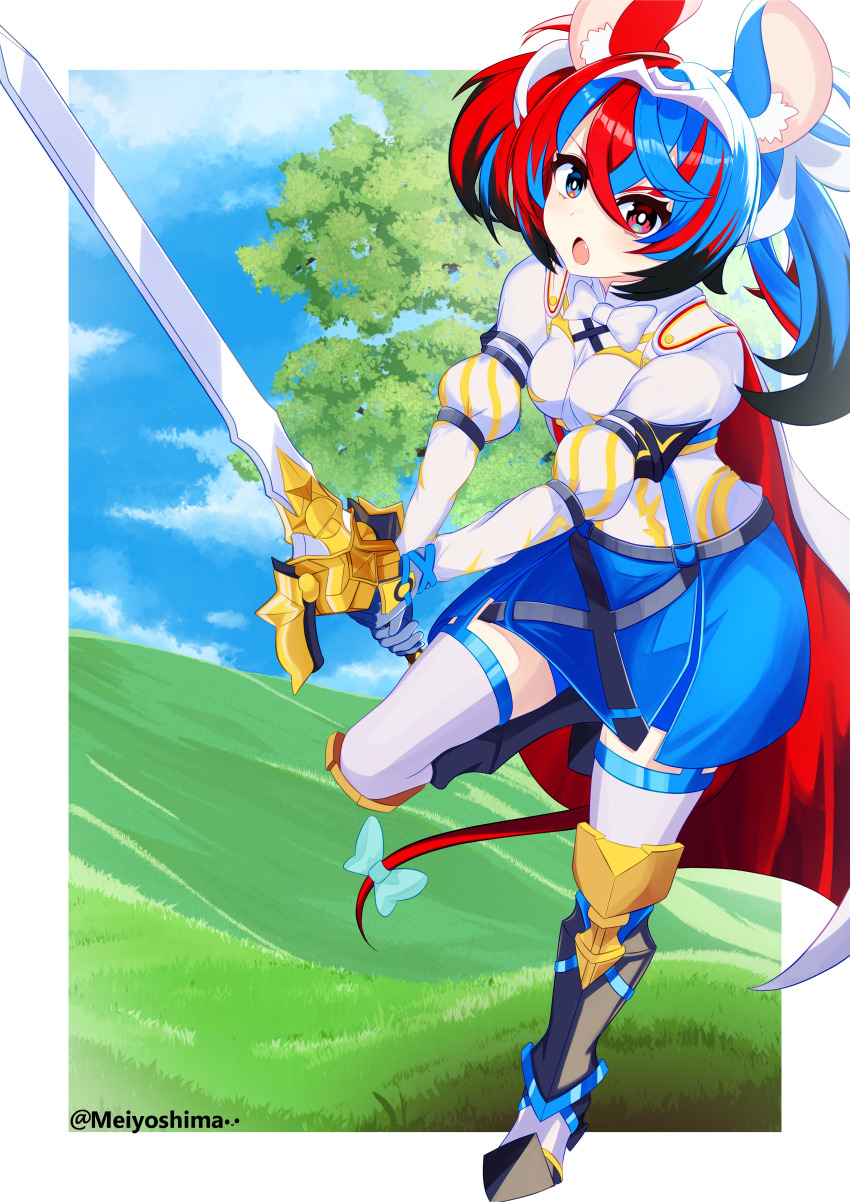 1girl absurdres animal_ears armor black_hair blue_hair blue_shorts blue_skirt bow bowtie commentary cosplay english_commentary female_alear_(fire_emblem) female_alear_(fire_emblem)_(cosplay) fire_emblem fire_emblem_engage garter_straps gloves gold_greaves gold_trim greaves hakos_baelz highres hololive hololive_english liberation_(fire_emblem) long_hair long_sleeves looking_at_viewer meiyoshima miniskirt mouse_ears mouse_girl mouse_tail multicolored_hair nintendo red_hair ribbon shirt shorts shorts_under_skirt skirt solo split-color_hair tail tail_ornament tail_ribbon thighhighs two-tone_hair virtual_youtuber white_bow white_bowtie white_shirt white_thighhighs