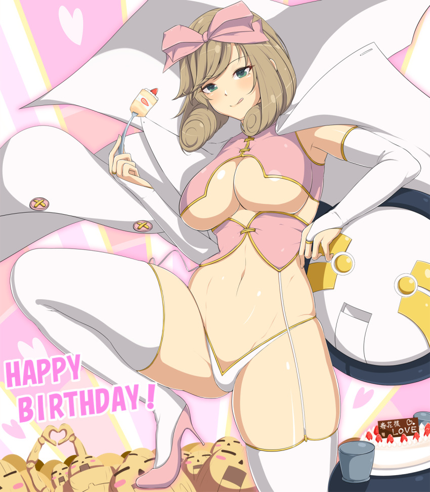 1girl :q blush bow breasts bridal_gauntlets brown_hair cake cake_slice commentary_request curly_hair food fork fruit green_eyes groin groin_tendon hair_bow happy_birthday haruka_(senran_kagura) heart heart_background heart_hands high_heels highres holding holding_cake holding_food holding_fork lab_coat large_breasts looking_at_viewer namanama12ruiji navel non-humanoid_robot pink_bow pink_shoes puppet revealing_clothes robot senran_kagura senran_kagura_shinovi_versus senran_kagura_shoujo-tachi_no_shin'ei shiny_skin shoes short_hair skindentation smile solo strawberry strawberry_shortcake thighhighs tongue tongue_out underboob underwear white_bridal_gauntlets white_thighhighs yellow_trim
