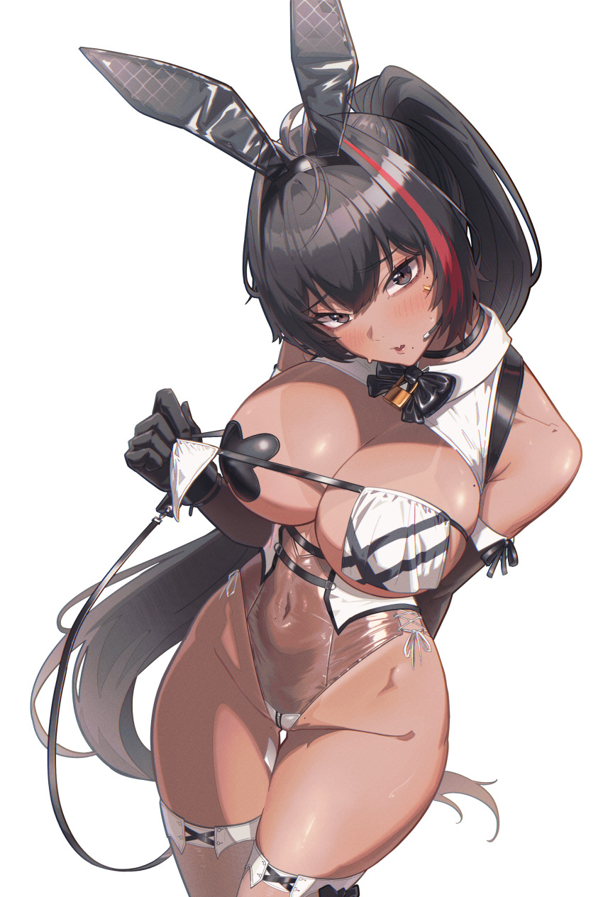 1girl absurdres animal_ears bay_(nikke) bay_(radiant_rabbit)_(nikke) black_hair breasts commentary_request covered_navel dark-skinned_female dark_skin fake_animal_ears gloves goddess_of_victory:_nikke head_tilt highres large_breasts leotard long_hair looking_at_viewer miine_1029 multicolored_hair navel official_alternate_costume pasties playboy_bunny ponytail pulling_own_clothes rabbit_ears red_hair see-through_clothes see-through_leotard shrug_(clothing) side-tie_leotard sleeveless_shrug star_(symbol) star_sticker sticker sticker_on_face streaked_hair thighhighs very_long_hair white_background white_thighhighs