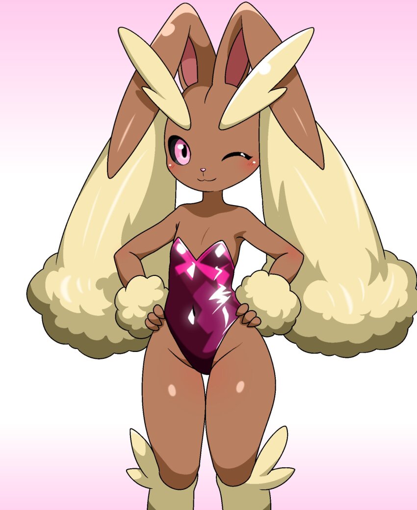 1girl :3 artist_request black_sclera breasts cleavage colored_sclera curvy furry gen_4_pokemon gradient_background highleg highleg_leotard highres leotard looking_at_viewer lopunny nintendo one_eye_closed pink_eyes pink_leotard pokemon pokemon_(creature) pokemon_focus rabbit_ears smile solo strapless strapless_leotard tail wide_hips wink