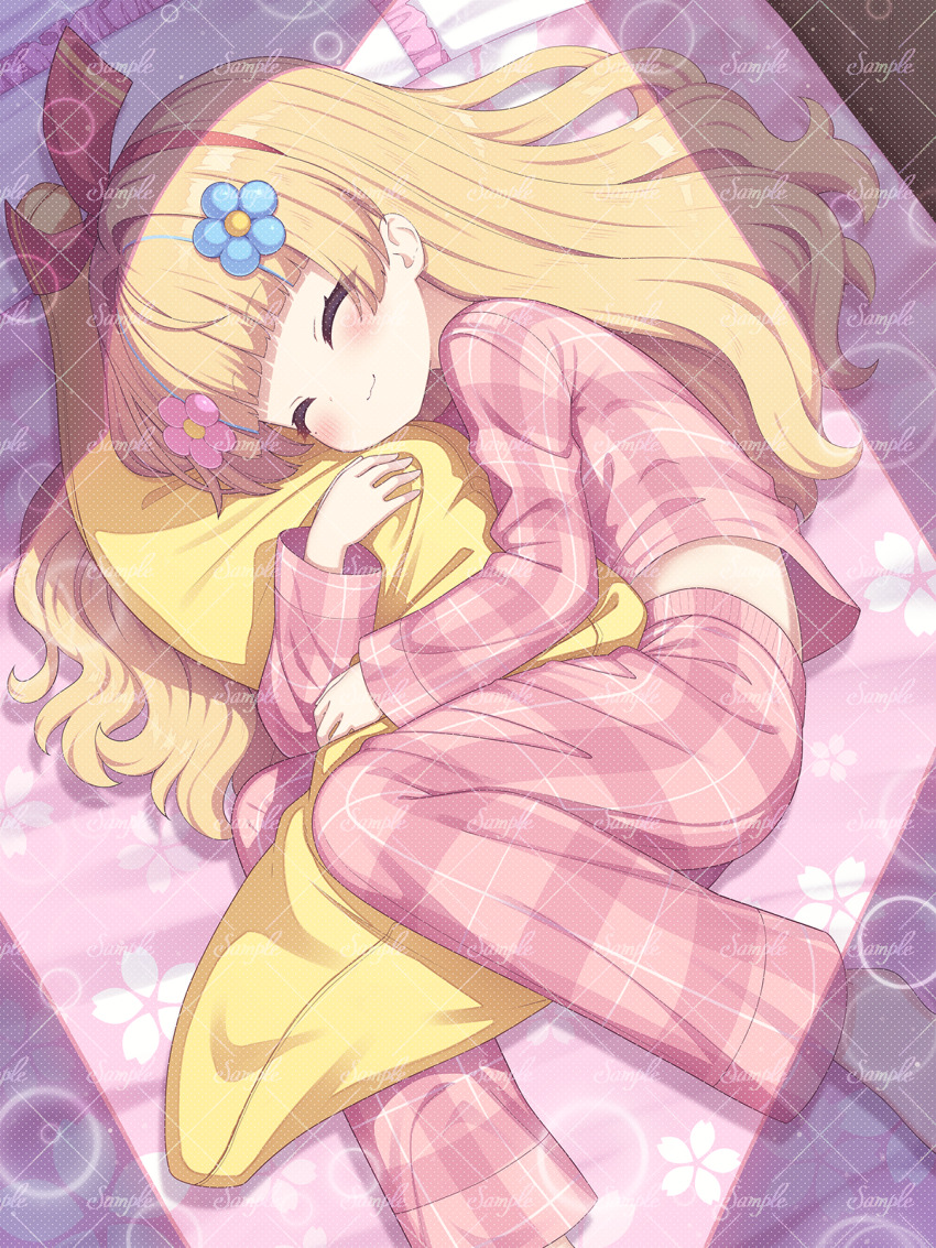 1girl ^_^ barefoot bed blonde_hair blush closed_eyes closed_mouth commentary_request copyright_request facing_viewer feet_out_of_frame frilled_pillow frills highres hugging_object long_hair lying on_bed on_side pajamas pants pillow pink_pajamas pink_pants pink_shirt plaid_clothes plaid_pants plaid_shirt sample_watermark sasakura_momiji shirt solo virtual_youtuber watermark