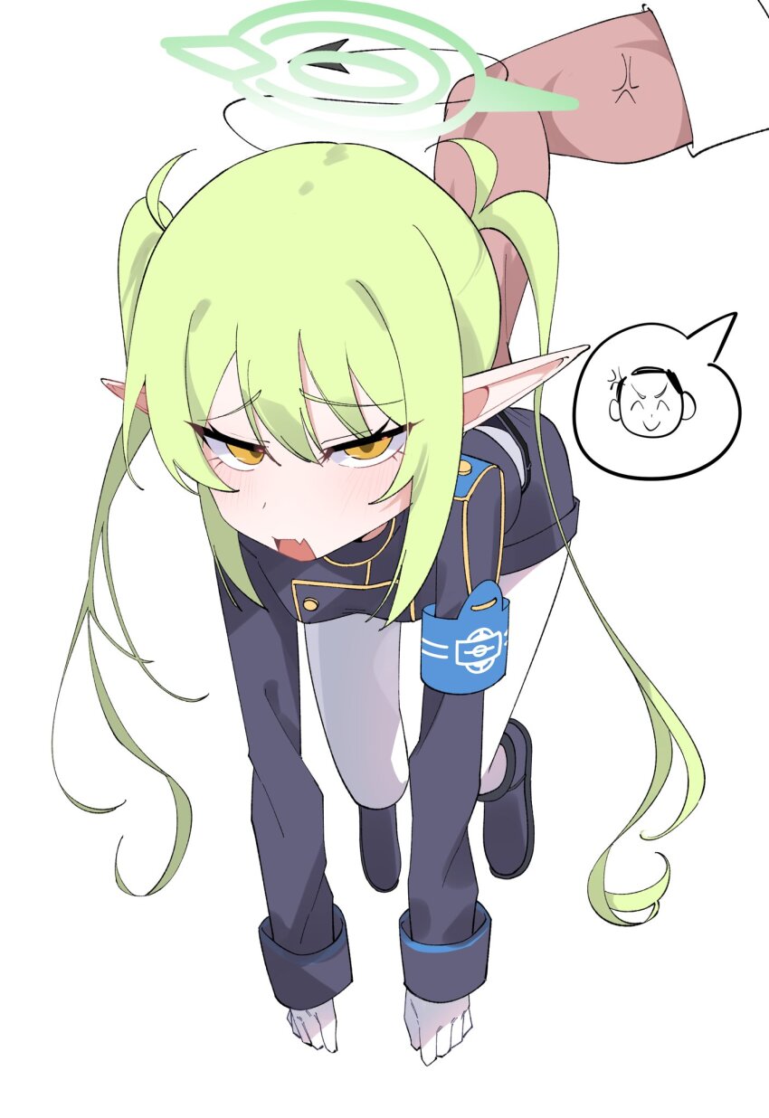 1girl armband belt blue_archive blue_armband blush demon_tail doodle_sensei_(blue_archive) fang gloves green_hair halo held_up highres looking_at_viewer mesugaki nozomi_(blue_archive) open_mouth pantyhose pointy_ears sensei_(blue_archive) simple_background tail train_conductor white_background white_gloves white_pantyhose yellow_eyes zhugul0804