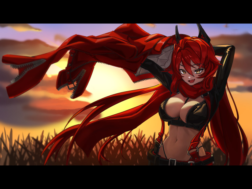 1girl :d absurdres antenna_hair arms_up belt between_breasts black_belt black_jacket breasts cleavage cloud cloudy_sky commentary cowboy_shot cropped_jacket double-parted_bangs fang fishbun goddess_of_victory:_nikke grass groin hair_between_eyes highres horns jacket large_breasts leather leather_jacket leather_pants long_hair long_sleeves looking_at_viewer mechanical_horns midriff navel open_mouth outdoors pants red_hair red_hood_(nikke) red_jacket red_scarf scarf sidelocks skin_fang sky smile solo standing strap_between_breasts sunset suspenders unzipped very_long_hair yellow_eyes zipper