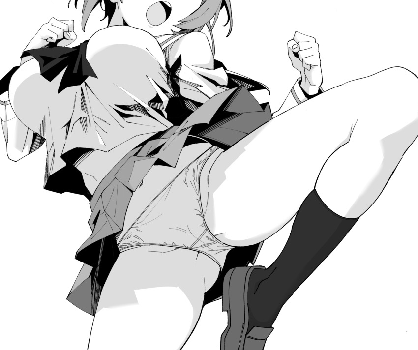 1girl breasts clenched_hands commentary_request fighting_stance girls_und_panzer greyscale head_out_of_frame henyaan_(oreizm) highres large_breasts loafers monochrome nishizumi_miho ooarai_school_uniform open_mouth school_uniform shoes simple_background skirt socks solo standing standing_on_one_leg teeth thighs upper_teeth_only white_background