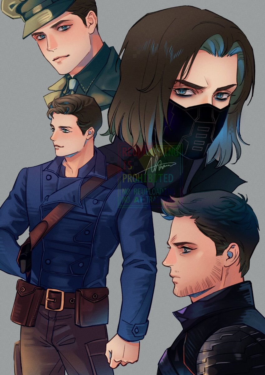 1boy beard_stubble black_mask blue_eyes blue_jacket brown_hair brown_pants bucky_barnes captain_america:_the_winter_soldier captain_america_(series) closed_mouth commentary_request cowboy_shot facial_hair grey_background hat highres jacket looking_at_viewer male_focus marvel mask medium_hair military_hat military_jacket military_uniform mouth_mask multiple_views pants parted_bangs sherlock7akane short_hair shoulder_belt sign solo stubble upper_body winter_soldier