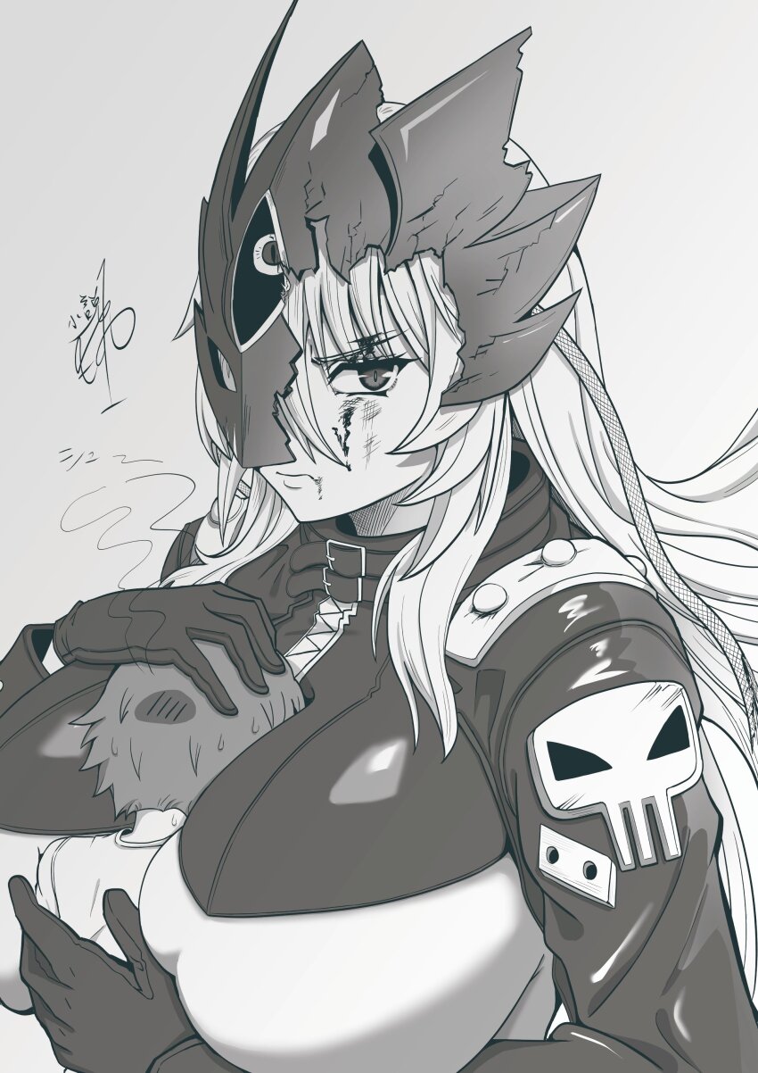 1boy 1girl absurdres age_difference beelstarmon between_breasts black_coat black_gloves black_mask black_pants blonde_hair blue_mask breast_smother breasts broken_mask coat commentary_request cropped_vest derringer digimon digimon_(creature) eye_mask face_to_breasts gloves gun handgun head_between_breasts height_difference hetero highres holding huge_breasts jacket large_breasts leather leather_jacket leather_pants long_hair looking_at_viewer mask mononokeotoko01 navel onee-shota pants shota simple_background size_difference third_eye tight_clothes underboob vest weapon