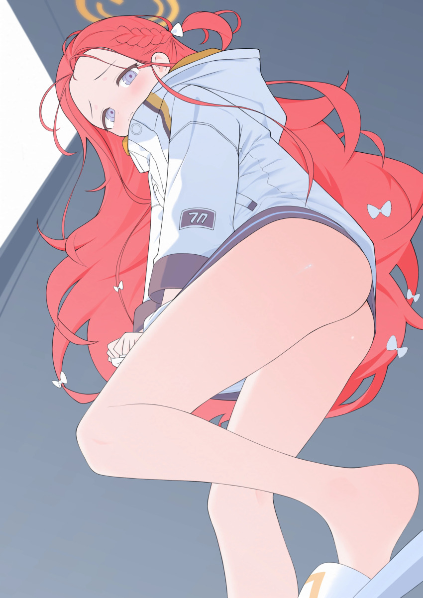 1girl absurdres ass blue_archive blush bow braid chinese_commentary closed_mouth commentary_request dutch_angle foot_out_of_frame forehead from_below furrowed_brow hair_bow halo heel_up highres hood hood_down hooded_jacket jacket jacket_tug legs long_hair long_sleeves looking_at_viewer looking_down making-of_available millennium_science_school_logo multiple_hair_bows no_pants one_side_up purple_eyes red_hair single_braid slippers solo torimew very_long_hair wavy_mouth white_bow white_jacket white_slippers yellow_halo yellow_jacket yuzu_(blue_archive)