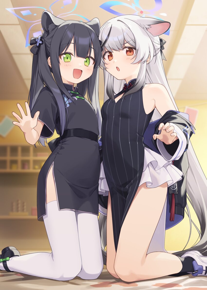 2girls absurdres akabino animal_ear_fluff animal_ears bare_legs black_coat black_dress black_shoes black_socks blue_archive blue_halo blurry blurry_background bow breasts brown_eyes cleavage_cutout clothing_cutout coat commentary_request dot_nose dress extra_ears flat_chest frilled_dress frills gradient_hair green_eyes hair_bow hair_ribbon halo highres indoors kneeling kokona_(blue_archive) light_blush long_hair looking_at_viewer multicolored_hair multiple_girls open_mouth print_dress ribbon shoes short_sleeves shun_(blue_archive) shun_(small)_(blue_archive) siblings side_slit sidelocks sisters small_breasts smile socks thighhighs thighs v-shaped_eyebrows waving white_shoes white_thighhighs