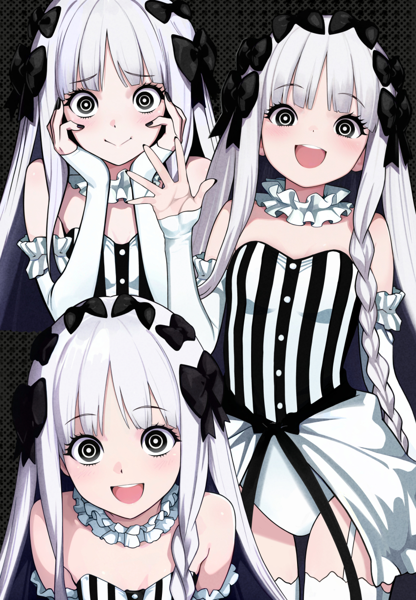 1girl bare_shoulders black_bow black_eyes blush bow braid breasts closed_mouth collar colored_inner_hair detached_sleeves dress fate/strange_fake fate_(series) francesca_prelati_(fate) frilled_collar frills garter_straps gonzaleskaosu grey_hair hair_bow highres long_hair looking_at_viewer multicolored_hair multiple_views open_mouth panties parted_bangs ringed_eyes sidelocks small_breasts smile striped_clothes striped_dress thighhighs thighs underwear very_long_hair white_dress white_hair white_panties white_thighhighs