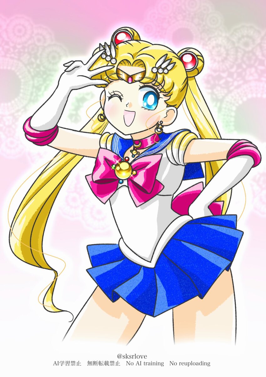 1girl bishoujo_senshi_sailor_moon blonde_hair blue_eyes blue_sailor_collar bow choker circlet commentary_request crescent crescent_earrings double_bun earrings elbow_gloves gloves hair_bun hair_ornament highres jewelry long_hair looking_at_viewer magical_girl one_eye_closed parted_bangs red_bow red_choker sailor_collar sailor_moon sailor_senshi_uniform simple_background sksrlove smile solo textless_version tsukino_usagi twintails white_background white_gloves
