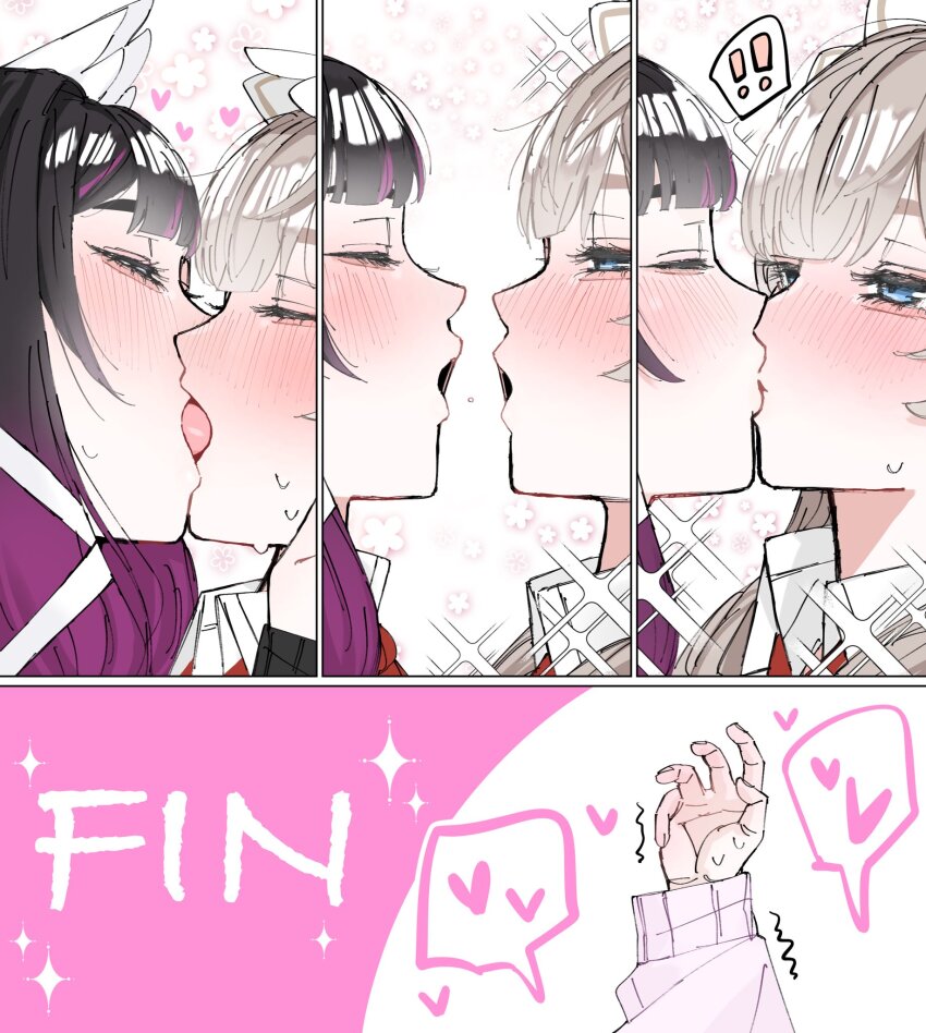 ! !! 2girls after_kiss arm_up black_hair blue_eyes blush bonnet brown_hair cardigan carrot_011 closed_eyes collared_shirt columbina_(genshin_impact) commentary curled_fingers english_text french_kiss genshin_impact gradient_hair hand_on_another's_cheek hand_on_another's_face heart highres kiss long_hair looking_at_another multicolored_hair multiple_girls necktie no_mask pink_cardigan purple_hair red_necktie sandrone_(genshin_impact) shirt spoken_heart sweat tongue trembling white_background white_bonnet white_shirt yuri