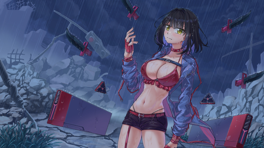 1girl bandeau belt black_hair black_shorts blazeller blue_jacket breasts chaos_zero_nightmare chest_harness cleavage closed_mouth collar collarbone commentary cowboy_shot floating floating_object floating_weapon gloves green_eyes groin hair_between_eyes hand_up harness highres jacket knife large_breasts long_sleeves looking_at_viewer medium_hair multicolored_hair navel open_clothes open_jacket outdoors purple_hair rain red_bandeau red_belt red_collar red_gloves ruins short_shorts shorts sidelocks signature solo spaghetti_strap spiked_collar spikes standing stomach tears tressa_(chaos_zero_nightmare) two-tone_hair wet wet_clothes wet_hair