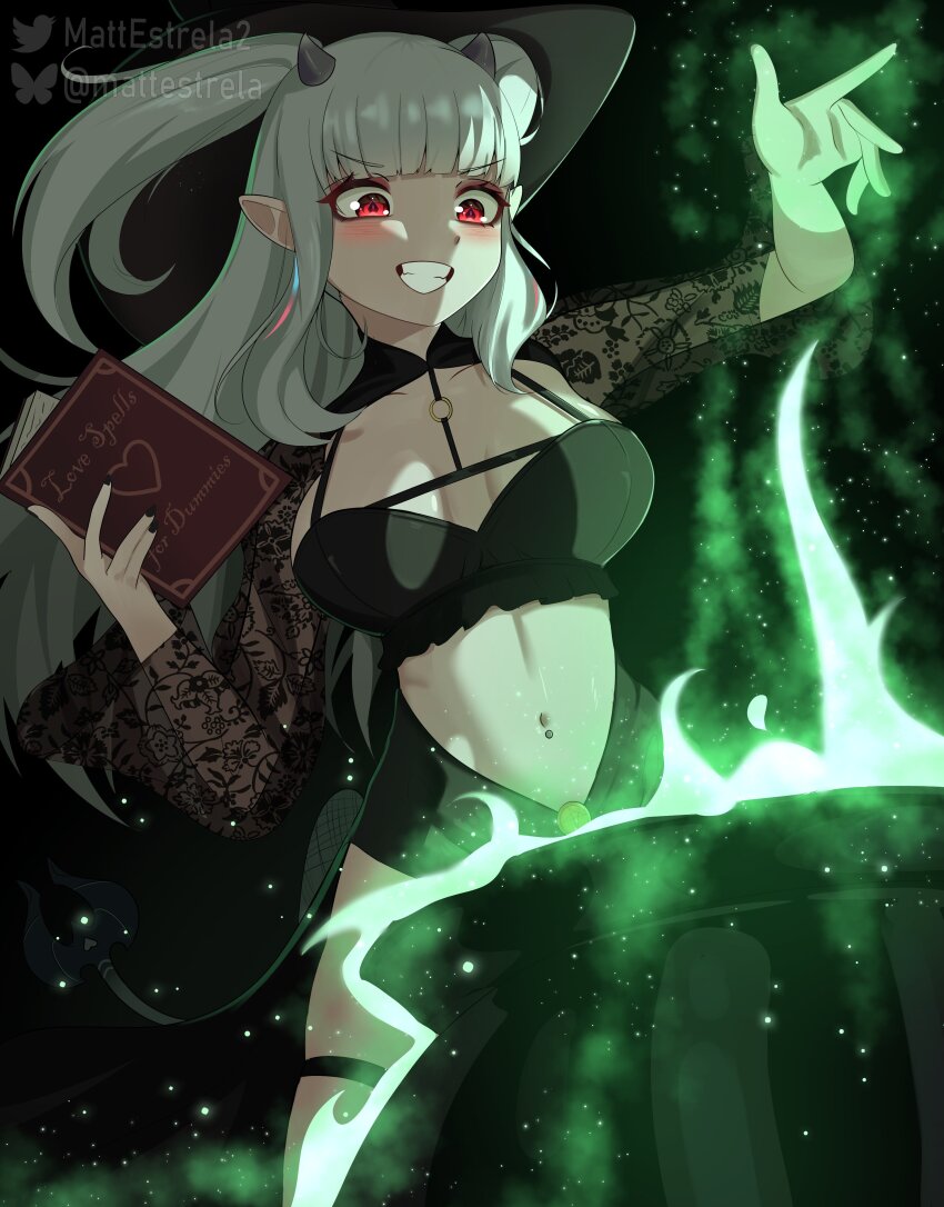 1girl absurdres book bra breasts cauldron cleavage demon_girl demon_horns fire green_fire grey_hair hat highres horns indie_virtual_youtuber long_hair lucy_pyre magic matt_estrela medium_breasts navel_piercing piercing red_eyes see-through_clothes see-through_sleeves shorts tail teeth thigh_strap thighs twintails underwear virtual_youtuber witch witch_hat