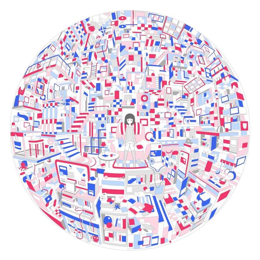 >_< 1girl bag ball banana banana_peel bath bathroom bird black_eyes black_hair blunt_bangs book bookshelf bowl box brown_hair cable circle clock closed_eyes clothes_hanger collared_shirt computer couch counter cube cup cupboard curtains drawer duck expressionless faucet female_focus fish food fruit frying_pan hebitsukai highres hook kitchen kneehighs ladder ladle lamp light long_sleeves looking_at_viewer messy_room monitor no_shoes octopus original paper perspective pink_socks pink_sweater plant poster_(medium) pot potted_plant railing refrigerator round_image shelf shirt short_hair shower_head sink sitting skirt skull socks solo spatula stairs steam striped stuffed_animal stuffed_toy sweater t-shirt table triangle vines white_shirt white_skirt window