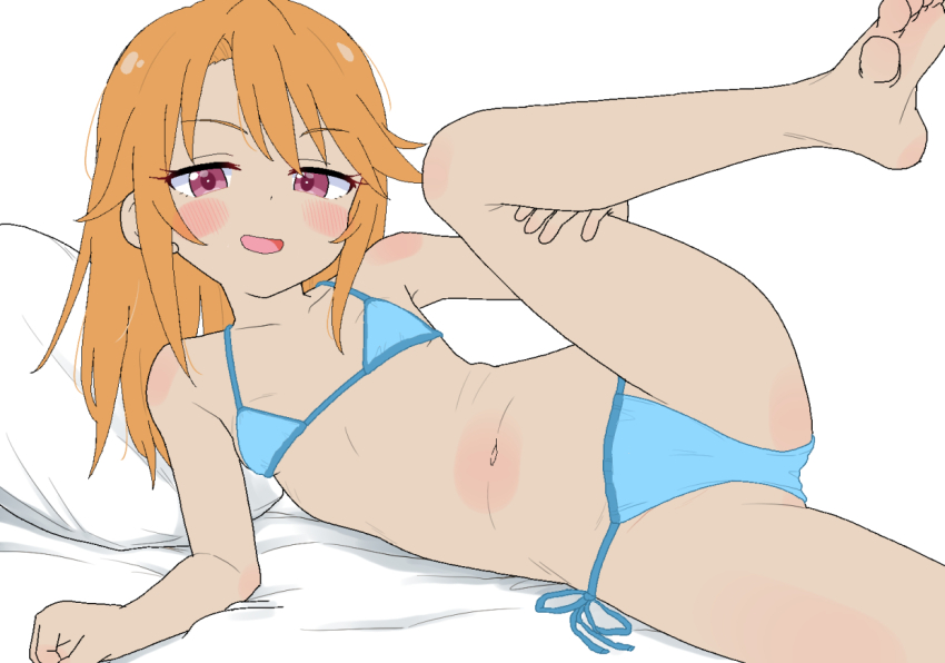 1girl barefoot bikini blue_bikini commentary_request feet idolmaster idolmaster_cinderella_girls leg_up loli long_hair looking_at_viewer lying navel on_side orange_hair side-tie_bikini_bottom soles solo stomach swimsuit takku toes yuuki_haru