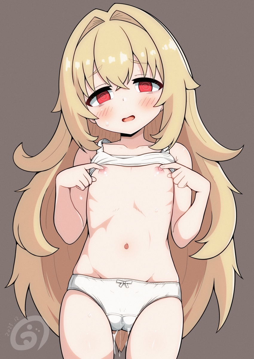 1girl @_@ blonde_hair blush brown_background camisole camisole_lift clothes_lift eyebrows_hidden_by_hair female_masturbation flat_chest groin hair_between_eyes hair_intakes highres loli long_hair looking_at_viewer masturbation navel nipple_stimulation nipple_tweak nipples original panties pussy_juice pussy_juice_drip_through_clothes red_eyes simple_background solo stomach tweaking_own_nipple underwear underwear_only very_long_hair vuta white_camisole white_panties