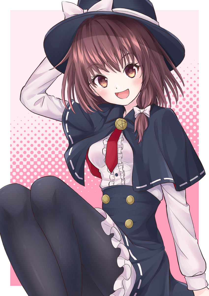 1girl absurdres black_capelet black_hat black_pantyhose black_skirt bow brown_eyes brown_hair capelet center_frills commentary_request crossed_ankles dress_shirt fedora frilled_skirt frills hair_bow hand_on_headwear hat hat_bow high-waist_skirt highres long_sleeves looking_at_viewer miniskirt necktie open_mouth pantyhose ramie_(ramie541) red_necktie revision ribbon-trimmed_capelet ribbon-trimmed_skirt ribbon_trim shadow shirt shirt_tucked_in sitting skirt smile solo touhou usami_renko white_shirt