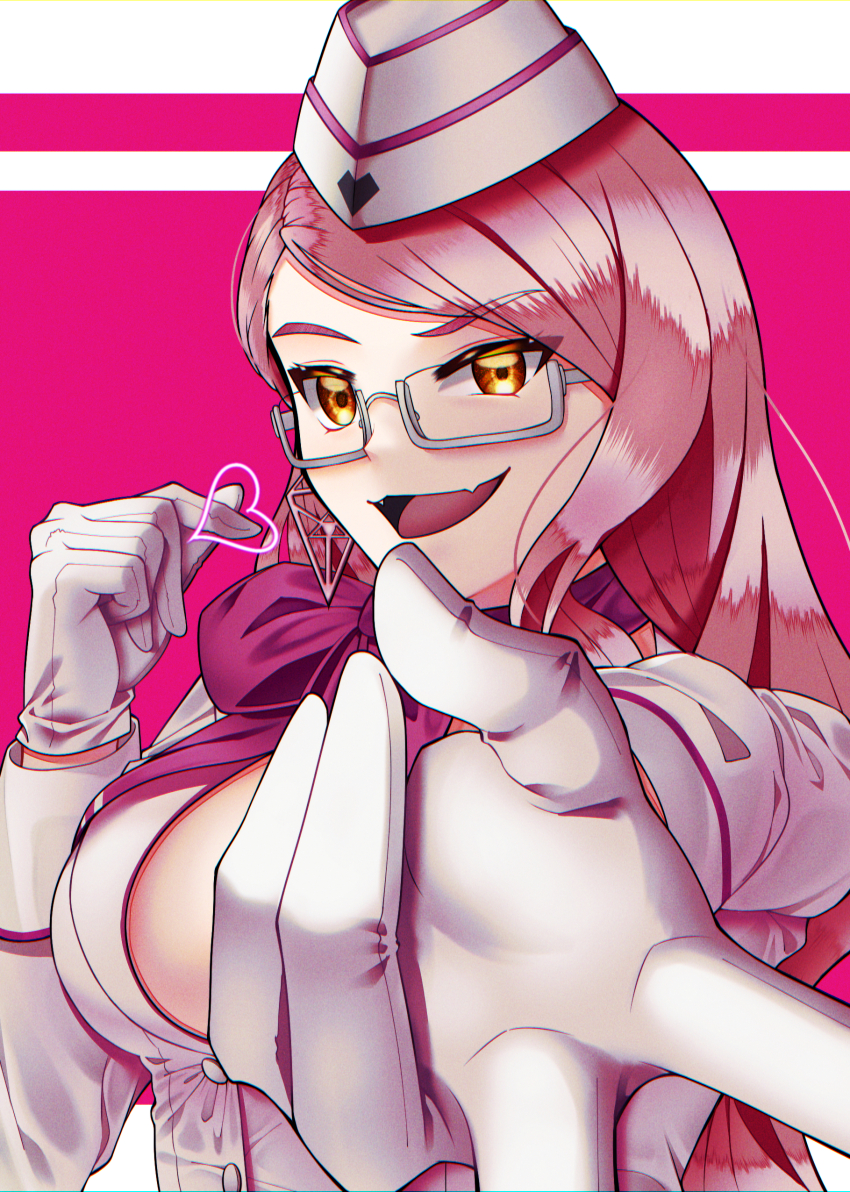 1girl absurdres breasts cleavage earrings fate/grand_order fate_(series) glasses gloves highres jewelry koyanskaya_(fate) koyanskaya_(foreigner)_(first_ascension)_(fate) large_breasts long_hair onmill open_mouth single_earring smile solo white_gloves yellow_eyes