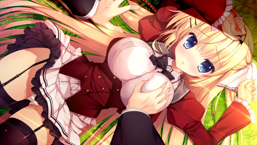 1boy 1girl black_thighhighs blonde_hair blue_eyes blush breasts game_cg garter_straps grabbing_another's_breast groping hair_ornament hairclip haruoto_alice_gram kuonji_kazuha_(harugura) large_breasts long_hair long_sleeves looking_at_viewer lying mitha non-web_source official_art on_back open_mouth panties puffy_sleeves school_uniform skirt solo_focus thighhighs underwear white_panties