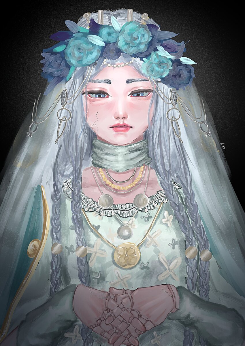 1girl 3_ruu blue_dress blue_eyes blue_flower blue_rose blue_skin colored_skin doll dress elden_ring elden_ring_nightreign flower fromsoftware gold highres revenant_(elden_ring) rose simple_background white_dress white_hair