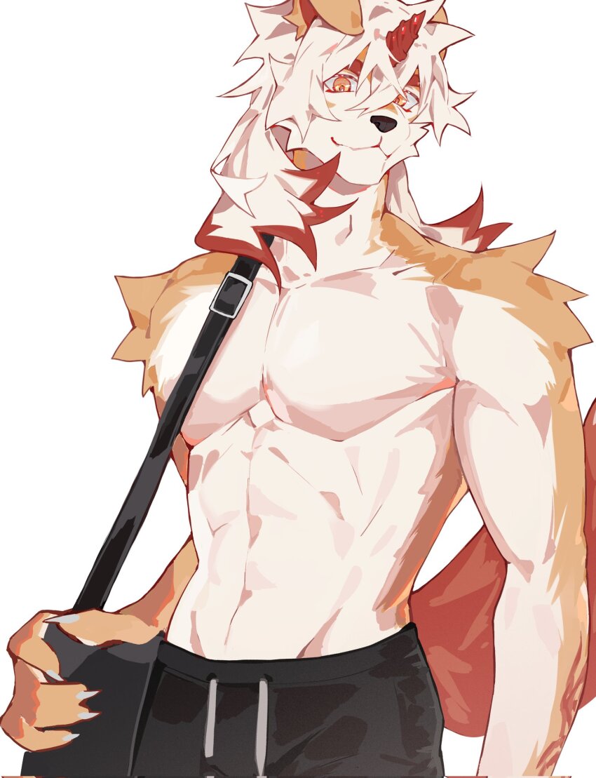 1boy abs arknights axianorange bag black_shorts claws closed_mouth colored_tips furry furry_male highres horns hung_(arknights) komainu_boy komainu_ears komainu_tail looking_at_viewer male_focus multicolored_hair muscular muscular_male orange_eyes pectorals satchel shorts single_horn smile topless_male white_background