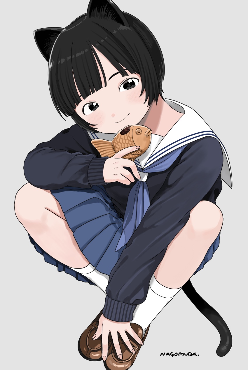 1girl absurdres animal_ears artist_name black_eyes black_hair black_sweater blue_neckerchief blue_skirt brown_shoes cat_ears cat_girl cat_tail closed_mouth commentary food food_bite from_above full_body grey_background highres holding holding_food knees_up loafers nagomurasan neckerchief original pleated_skirt sailor_collar school_uniform serafuku shoes short_hair simple_background sitting skirt smile socks solo sweater symbol-only_commentary tail taiyaki very_short_hair wagashi white_sailor_collar white_socks