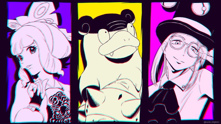 1boy 1girl adjusting_eyewear ascot avery_(pokemon) bow chromatic_aberration closed_mouth collared_shirt commentary_request fangs galarian_slowbro glasses gloves greyscale_with_colored_background hair_bow hat heavy_chromatic_aberration highres index_finger_raised klara_(pokemon) kuroki_shigewo long_hair mole mole_under_mouth nintendo nostrils poke_ball poke_ball_(basic) pokemon pokemon_(creature) pokemon_swsh round_eyewear shirt short_hair sidelocks smile spikes split_mouth top_hat