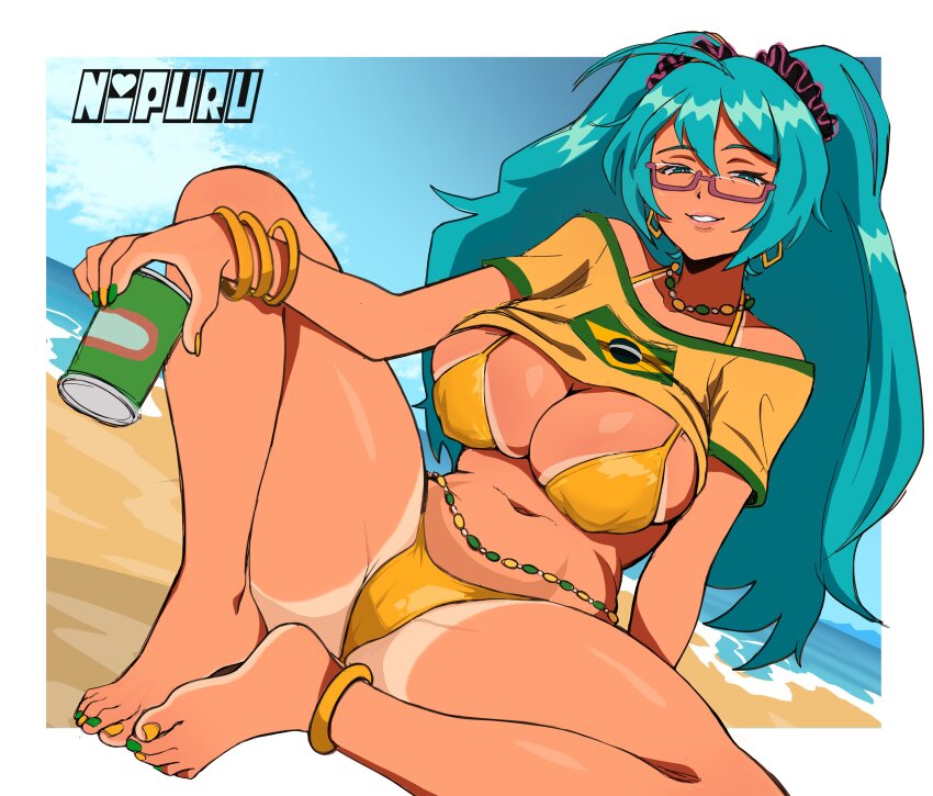 1girl absurdres alternate_breast_size_(larger) aqua_eyes aqua_hair barefoot bikini borrowed_design bracelet brazilian_flag brazilian_flag_print brazilian_miku breasts can collarbone feet flag_print gold_bikini green_nails hatsune_miku highres holding holding_can jewelry large_breasts long_hair looking_at_viewer multicolored_nails nail_polish navel nipuru_studio shirt short_sleeves shorts_tan solo swimsuit tan tanline toenail_polish toenails toes twintails two-tone_nails very_long_hair vocaloid yellow_nails yellow_shirt