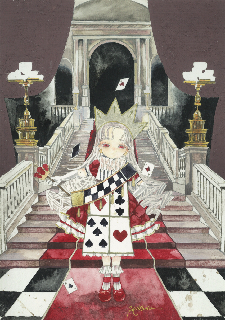 1girl absurdres alice&#039;s_adventures_in_wonderland cape character_request commentary_request crown dress frilled_dress frills full_body gold highres indoors karintoun long_hair long_sleeves looking_at_viewer ornate painting_(medium) pale_skin red_carpet red_dress red_eyes red_shoes shoes signature stairs standing straight-on traditional_media watercolor_(medium) wavy_hair white_dress white_hair