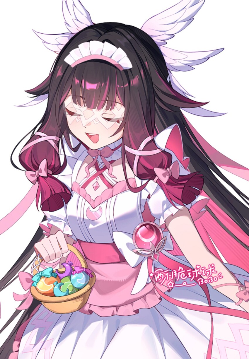 1girl alternate_costume artist_name basket black_hair blunt_bangs bow colored_inner_hair columbina_(genshin_impact) commentary_request enmaided facing_ahead genshin_impact hair_bow hair_ribbon head_wings highres holding holding_basket long_hair maid maid_headdress multicolored_hair open_mouth purple_hair ribbon short_sleeves simple_background smile solo sucui_qiuqiu teeth two-tone_hair upper_teeth_only very_long_hair white_background white_wings wings