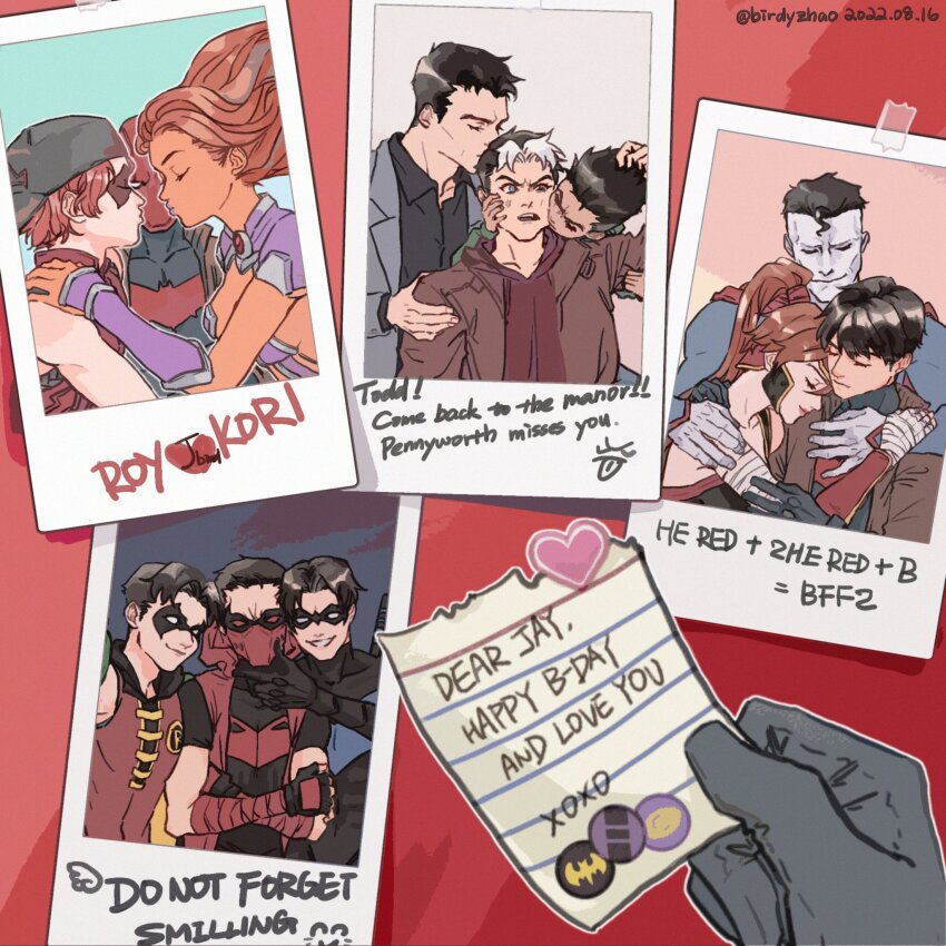 arsenal_(dc) artemis_of_bana-mighdall backwards_hat bat_signal batman batman_(series) batman_symbol birdyzhao_re bizarro_ii black_cape black_gloves black_hair blue_eyes bodysuit brothers bruce_wayne cape cowl damian_wayne dc_comics dick_grayson domino_mask eye_mask gloves green_eyes grey_bodysuit hat highres jason_todd long_hair mask multicolored_bodysuit muscular muscular_male nightwing open_mouth pectorals red_hair red_hood_(dc) red_hood_and_the_outlaws red_mask robin_(dc) roy_harper shirt short_hair siblings simple_background smile starfire superhero_costume taut_bodysuit tim_drake two-tone_bodysuit