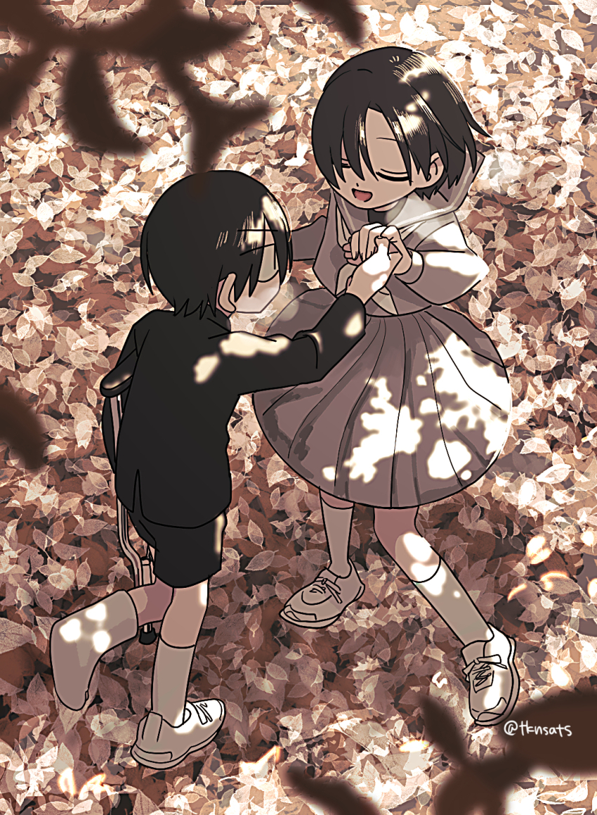 1boy 1girl autumn autumn_leaves black_hair cast closed_eyes commentary_request couple crutch full_body gakuran highres holding_hands leaf looking_at_another open_mouth original outdoors school_uniform serafuku short_hair smile takanashi_atashi