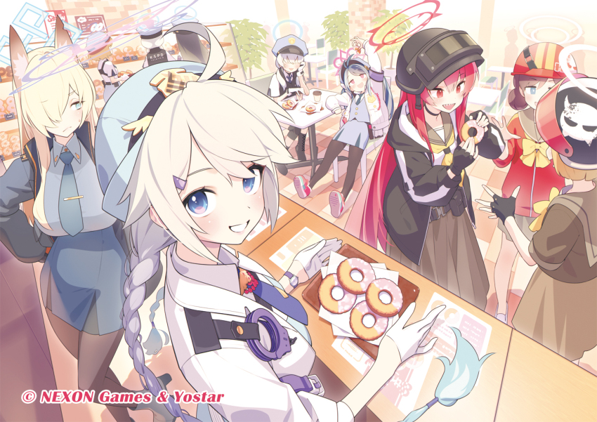 6+girls ahoge animal_ears black_gloves black_pantyhose blonde_hair blue_archive braid commentary_request fingerless_gloves fox_ears fubuki_(blue_archive) gayarou gloves hair_over_one_eye half_gloves halo jacket kanna_(blue_archive) kirino_(blue_archive) long_hair long_sleeves looking_at_another looking_at_viewer multiple_girls necktie official_art open_clothes open_jacket pantyhose rabu_(blue_archive) red_hair sharp_teeth standing teeth very_long_hair white_gloves white_hair