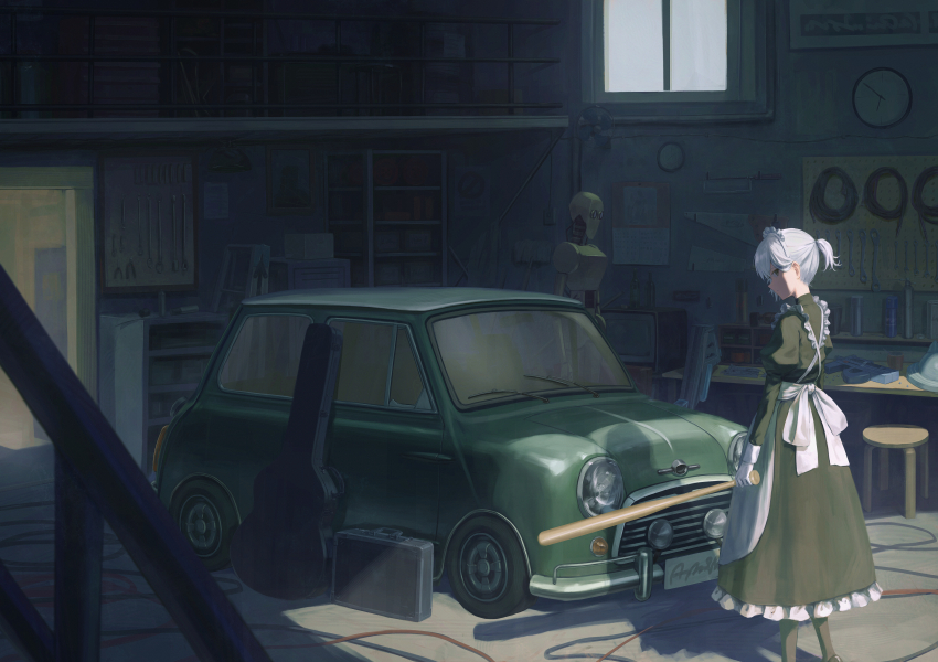 1girl absurdres baseball_bat black_dress car commentary_request dress frills gloves highres holding holding_baseball_bat juliet_sleeves long_dress long_hair long_sleeves looking_at_viewer maid mini_cooper motor_vehicle original ponytail puffy_sleeves robot tokaki white_gloves white_hair