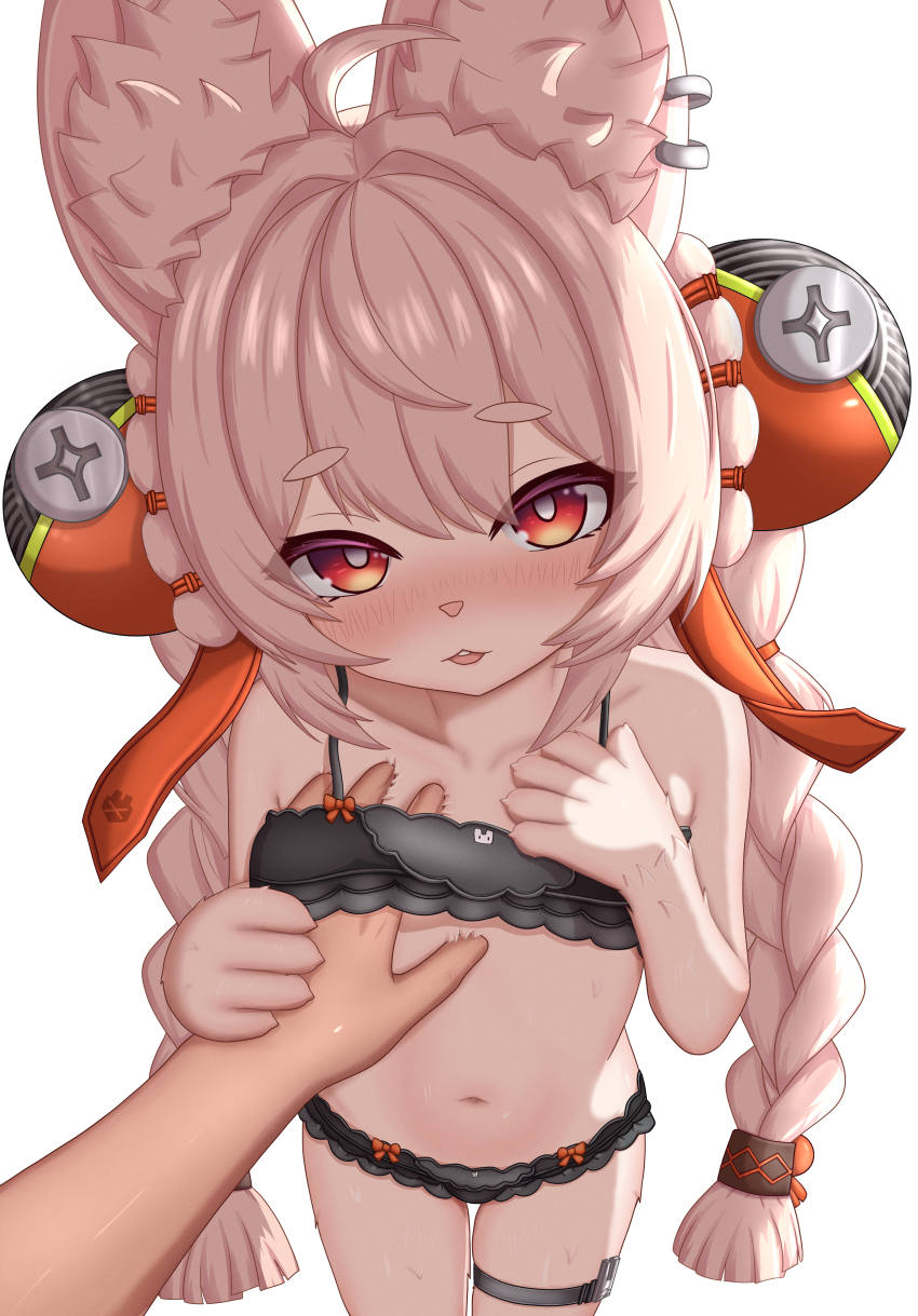 1girl 1other absurdres ahoge animal_ear_fluff animal_ear_piercing animal_ears azunyart black_bra black_panties blush bra braid braided_twintails collarbone commentary commentary_request english_commentary flat_chest furry furry_female hand_on_another's_chest head_tilt highres loli long_hair looking_at_viewer mixed-language_commentary navel open_mouth panties pink_fur pink_hair pov pov_hands rabbit_ears rabbit_girl red_eyes screw short_eyebrows simple_background stomach teeth thick_eyebrows thigh_strap underwear upper_teeth_only white_background zenless_zone_zero zhao_(zenless_zone_zero)