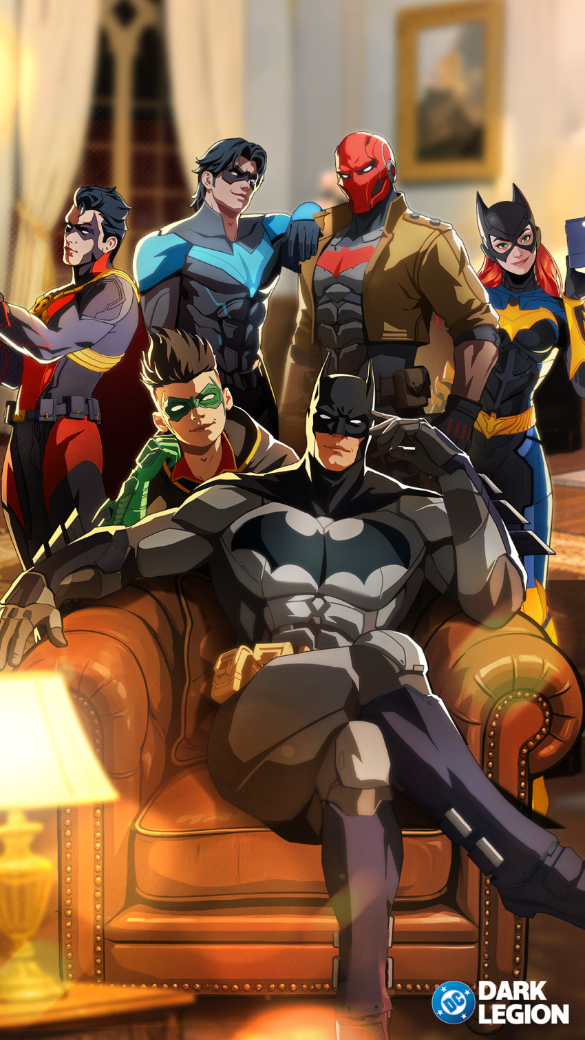 barbara_gordon bat_signal batgirl batman batman_(series) batman_symbol black_bodysuit black_cape black_gloves black_hair blue_bodysuit bodysuit brothers brown_jacket bruce_wayne cape closed_mouth cowl damian_wayne dc:_dark_legion dc_comics dick_grayson domino_mask eye_mask family gloves grey_bodysuit highres jacket jason_todd large_pectorals mask multicolored_bodysuit multiple_boys muscular muscular_male nightwing official_art open_clothes pants pectorals red_hood_(dc) red_mask robin_(dc) short_hair siblings smile superhero_costume taut_bodysuit tim_drake two-tone_bodysuit yellow_cape