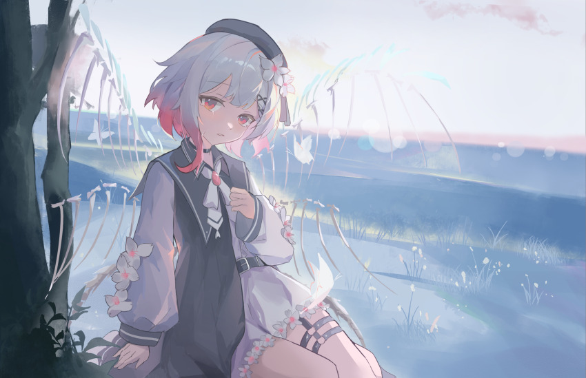 1girl belt belt_buckle beret black_belt black_choker brooch buckle bug butterfly choker closed_mouth colored_tips commentary_request crying day dress flower frills gradient_hair grass grey_hair hair_flower hair_ornament hand_on_own_chest hat highres insect jewelry long_sleeves looking_at_viewer mahou_shoujo_no_majo_saiban multicolored_hair o-ring o-ring_thigh_strap outdoors pink_hair puffy_long_sleeves puffy_sleeves red_eyes red_hair sakuraba_ema short_hair sitting sky sleeves_past_wrists smile solo tears thigh_strap tree user_18474136 white_butterfly white_dress white_flower white_hair x_hair_ornament