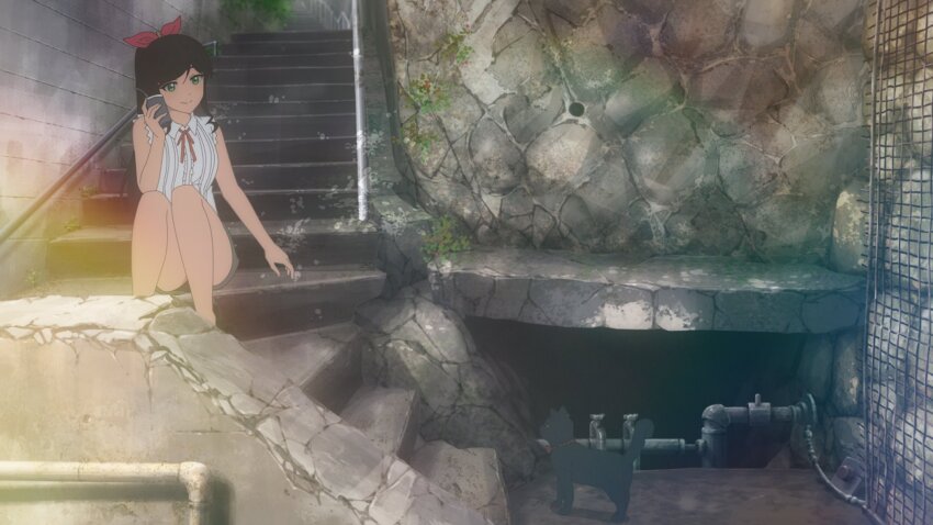 1girl anime_coloring artist_request black_cat black_hair bow cat closed_mouth commentary_request cup dress_shirt feet_out_of_frame green_eyes hair_bow high_ponytail highres holding holding_cup kinme_wakana kirei_ni_shitemoraemasuka lens_flare long_hair looking_at_animal low_drills neck_ribbon official_art outdoors ponytail red_bow red_ribbon ribbon shirt shorts sidelocks sitting sitting_on_stairs sleeveless sleeveless_shirt smile solo stairs swept_bangs white_shirt wide_shot